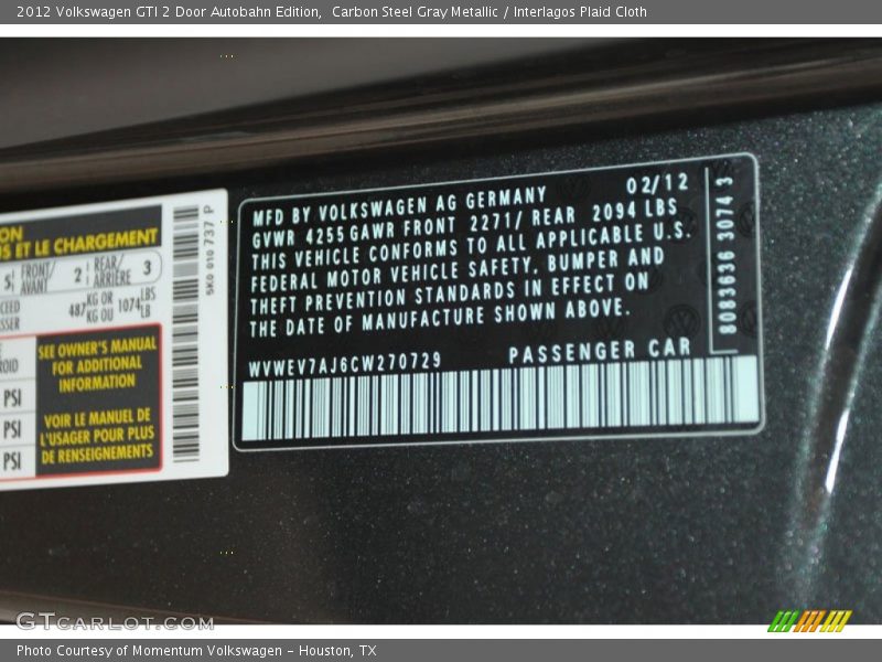 Info Tag of 2012 GTI 2 Door Autobahn Edition