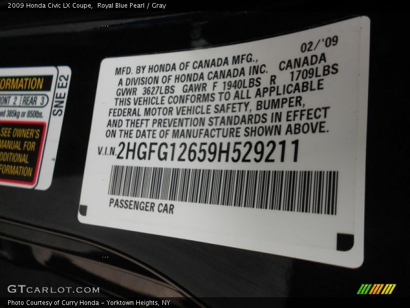 Royal Blue Pearl / Gray 2009 Honda Civic LX Coupe