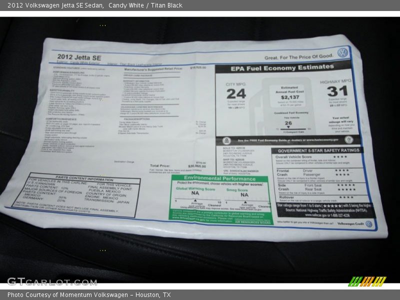 Candy White / Titan Black 2012 Volkswagen Jetta SE Sedan