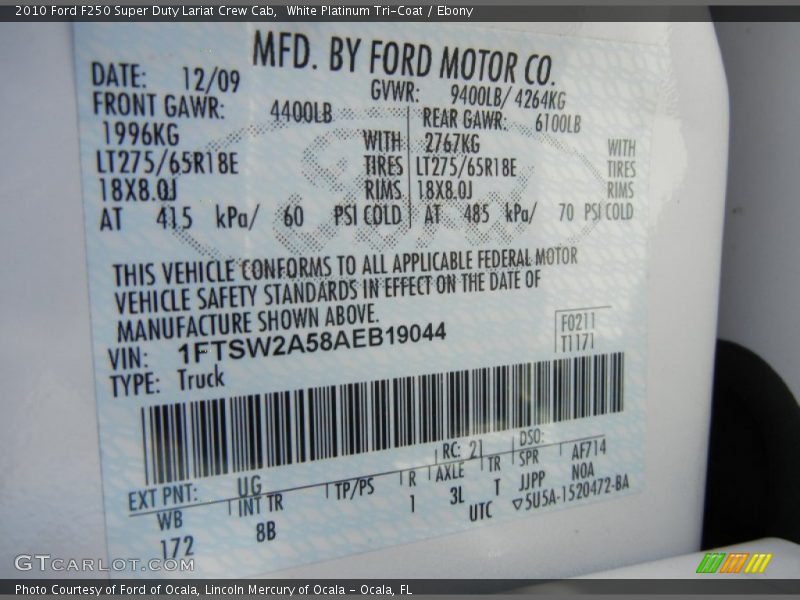 2010 F250 Super Duty Lariat Crew Cab White Platinum Tri-Coat Color Code UG