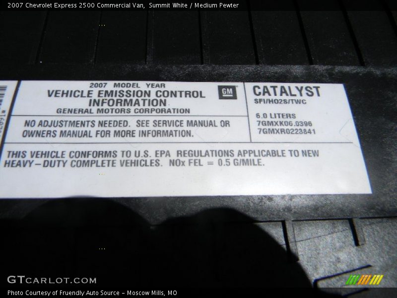 Info Tag of 2007 Express 2500 Commercial Van