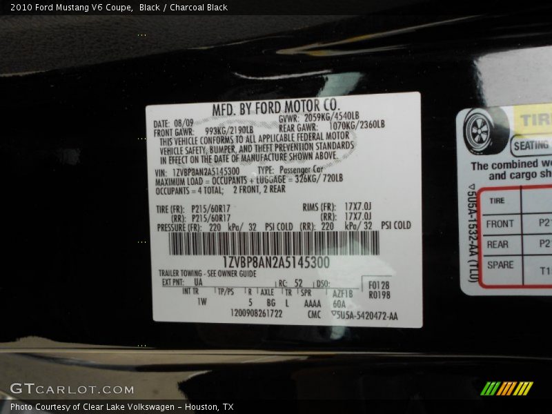 2010 Mustang V6 Coupe Black Color Code UA