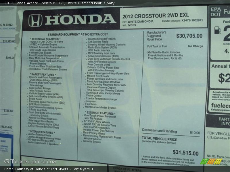  2012 Accord Crosstour EX-L Window Sticker