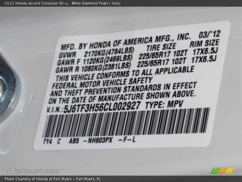 2012 Accord Crosstour EX-L White Diamond Pearl Color Code NH603PX