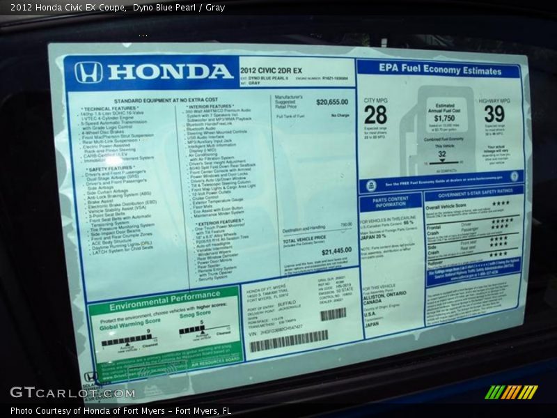 Dyno Blue Pearl / Gray 2012 Honda Civic EX Coupe