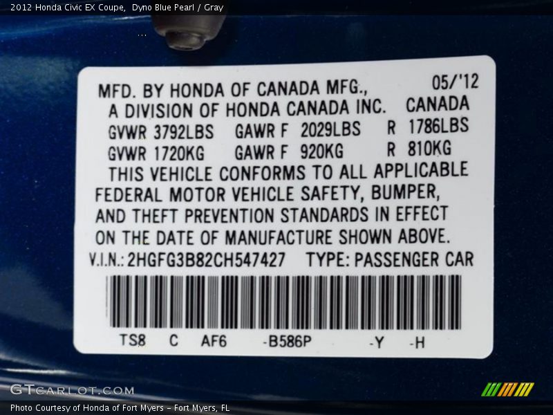 2012 Civic EX Coupe Dyno Blue Pearl Color Code B586P