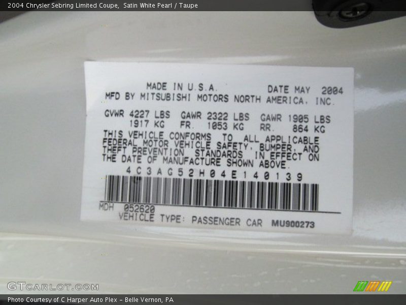 Satin White Pearl / Taupe 2004 Chrysler Sebring Limited Coupe