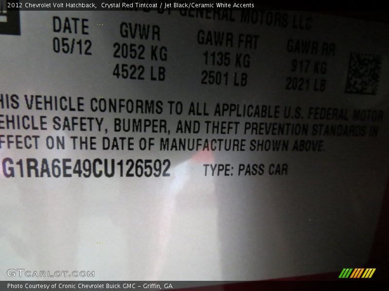 Crystal Red Tintcoat / Jet Black/Ceramic White Accents 2012 Chevrolet Volt Hatchback