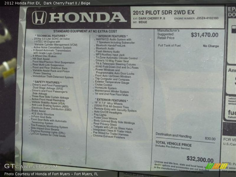  2012 Pilot EX Window Sticker