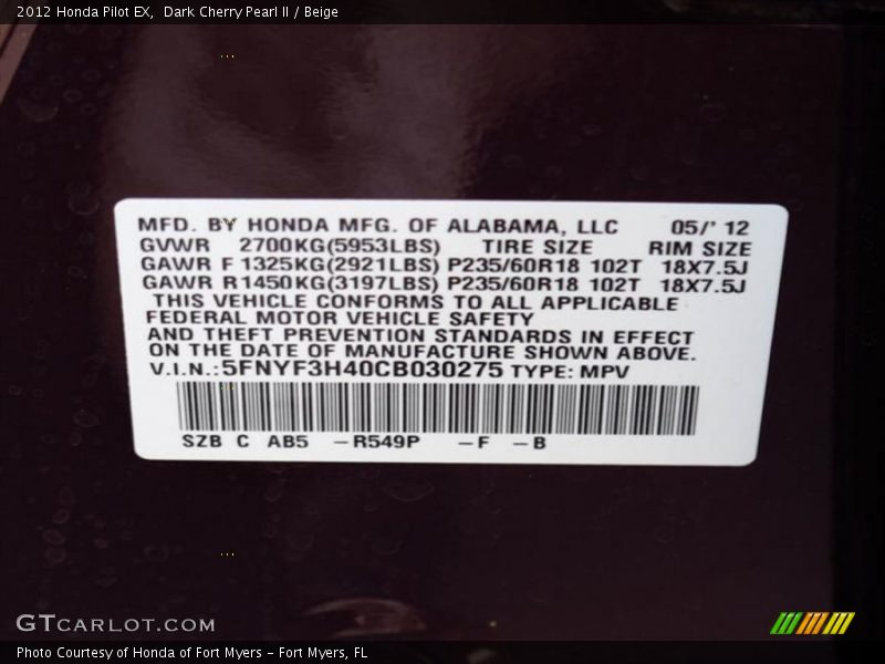 2012 Pilot EX Dark Cherry Pearl II Color Code R549P