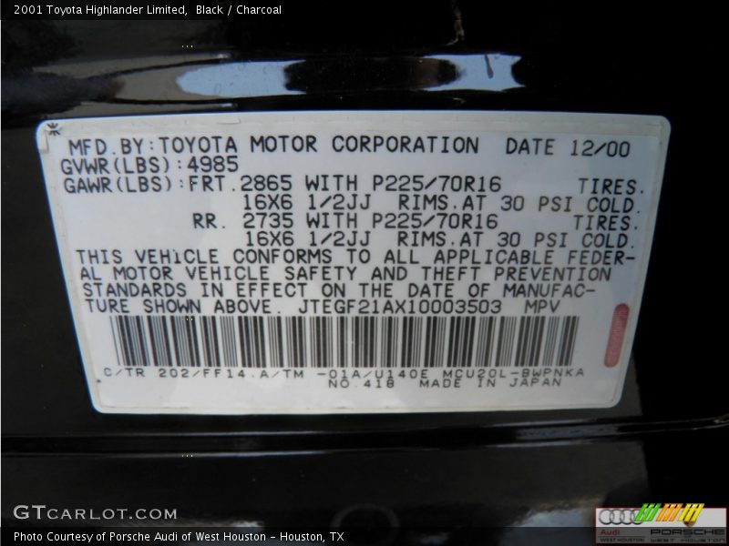 Black / Charcoal 2001 Toyota Highlander Limited