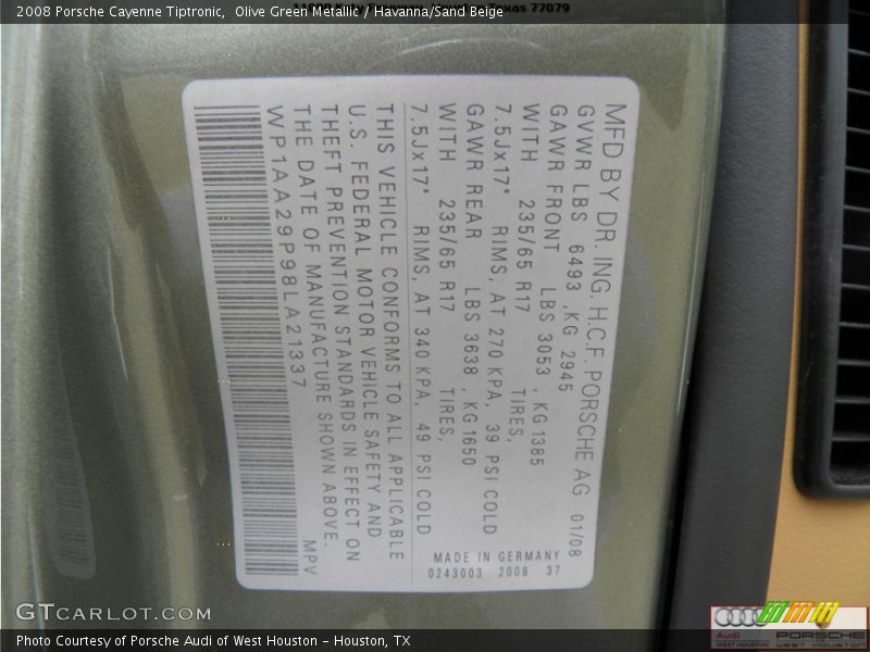 Olive Green Metallic / Havanna/Sand Beige 2008 Porsche Cayenne Tiptronic