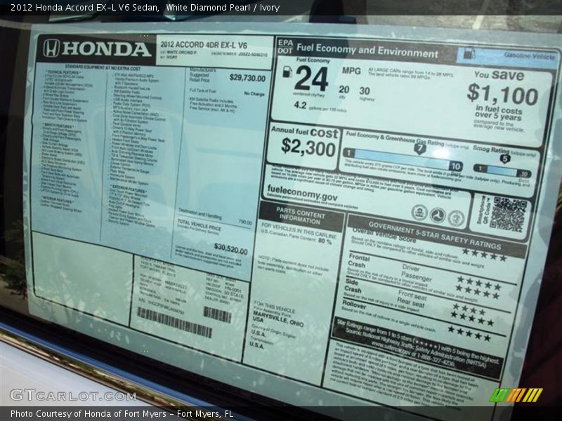 White Diamond Pearl / Ivory 2012 Honda Accord EX-L V6 Sedan