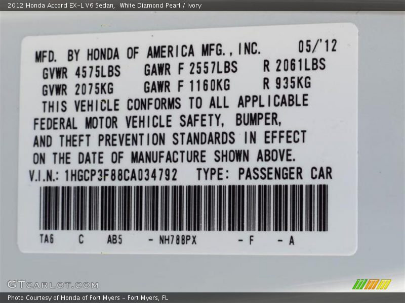 White Diamond Pearl / Ivory 2012 Honda Accord EX-L V6 Sedan