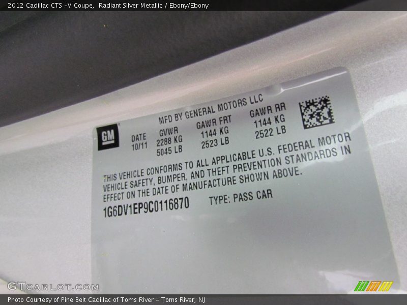 Radiant Silver Metallic / Ebony/Ebony 2012 Cadillac CTS -V Coupe
