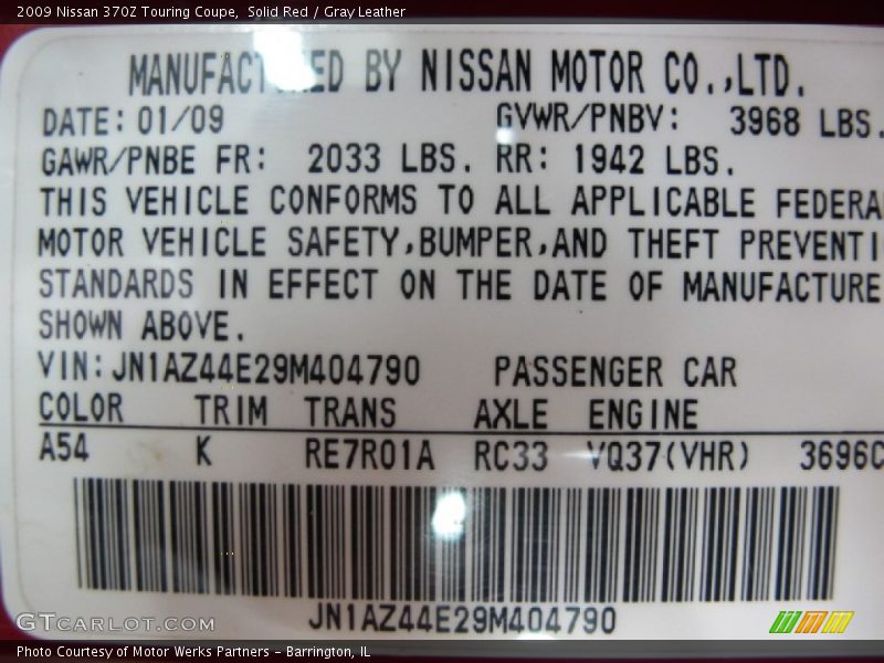 Solid Red / Gray Leather 2009 Nissan 370Z Touring Coupe