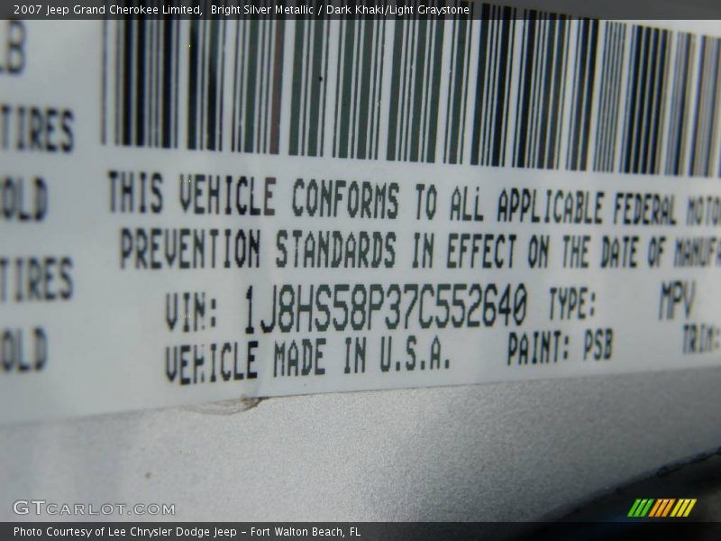 Bright Silver Metallic / Dark Khaki/Light Graystone 2007 Jeep Grand Cherokee Limited