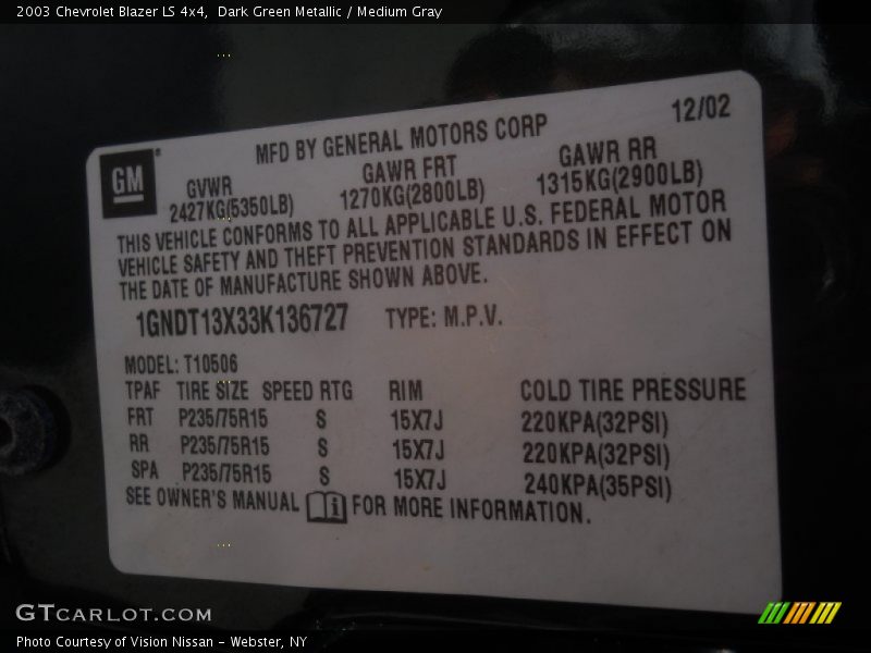 Dark Green Metallic / Medium Gray 2003 Chevrolet Blazer LS 4x4