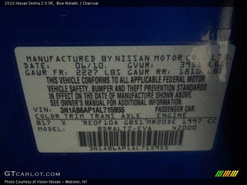 Blue Metallic / Charcoal 2010 Nissan Sentra 2.0 SR