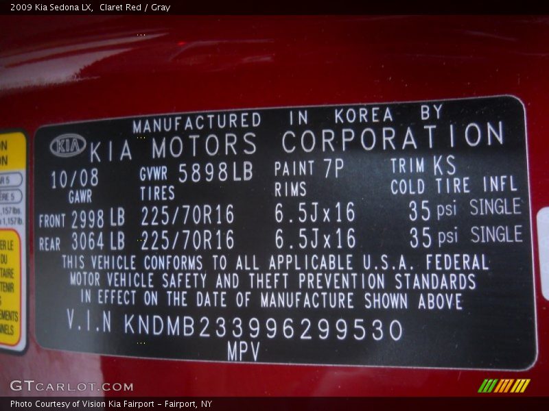 2009 Sedona LX Claret Red Color Code 7P