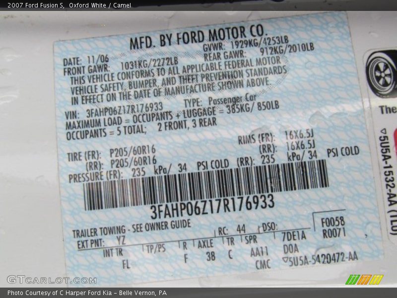 Oxford White / Camel 2007 Ford Fusion S