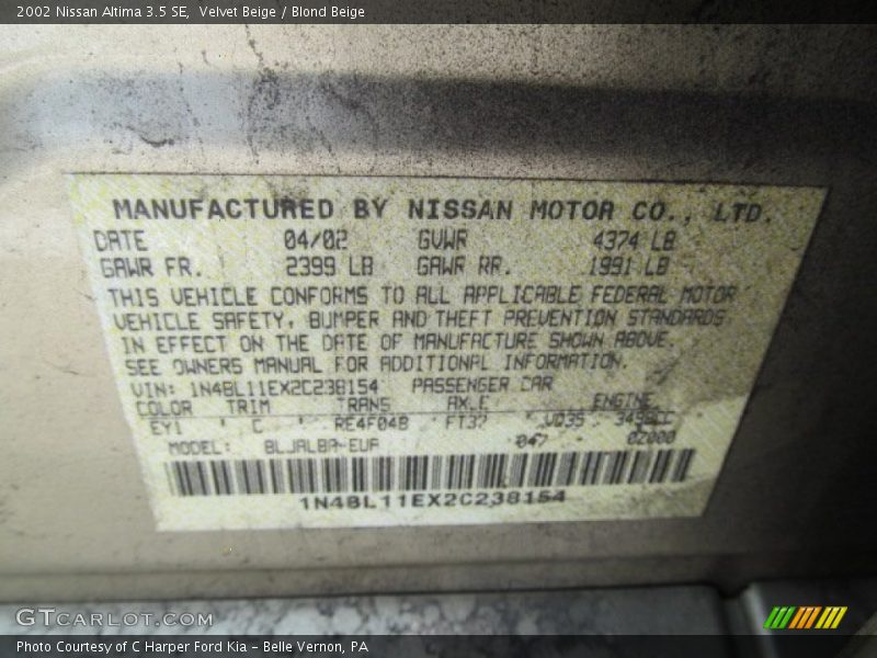 Velvet Beige / Blond Beige 2002 Nissan Altima 3.5 SE