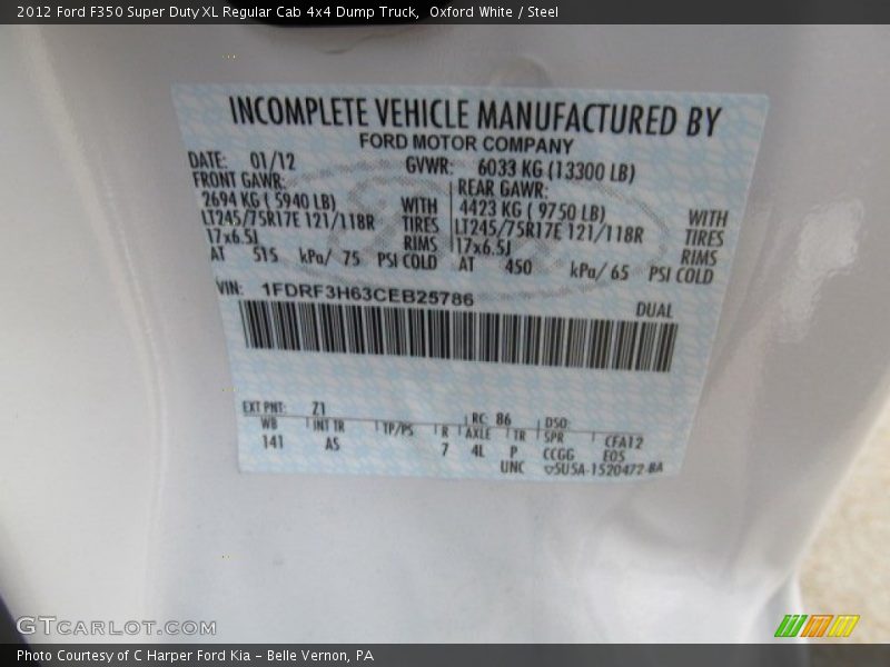 2012 F350 Super Duty XL Regular Cab 4x4 Dump Truck Oxford White Color Code Z1
