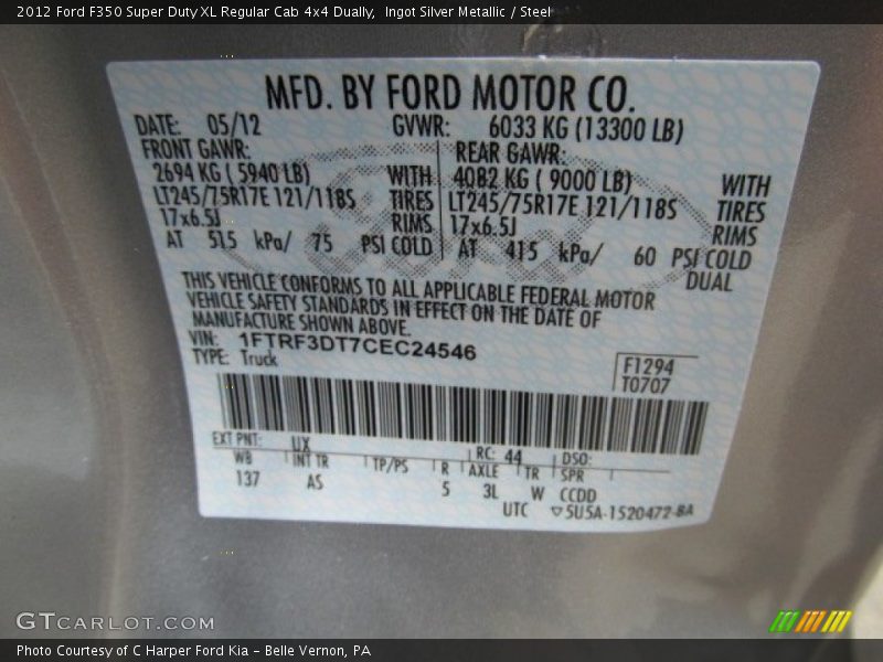 2012 F350 Super Duty XL Regular Cab 4x4 Dually Ingot Silver Metallic Color Code UX