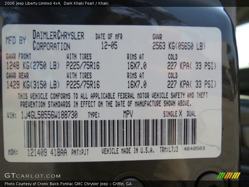 2006 Liberty Limited 4x4 Dark Khaki Pearl Color Code PJT