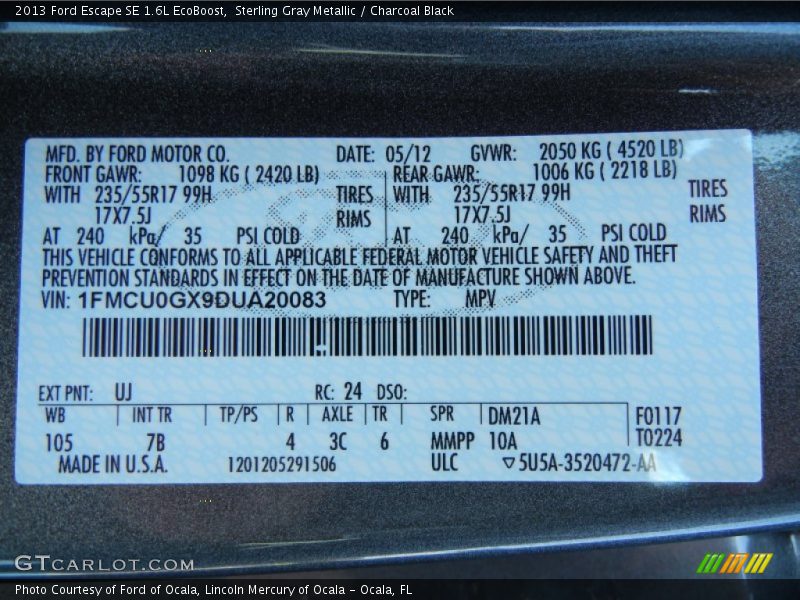2013 Escape SE 1.6L EcoBoost Sterling Gray Metallic Color Code UJ