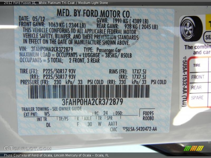 White Platinum Tri-Coat / Medium Light Stone 2012 Ford Fusion SE
