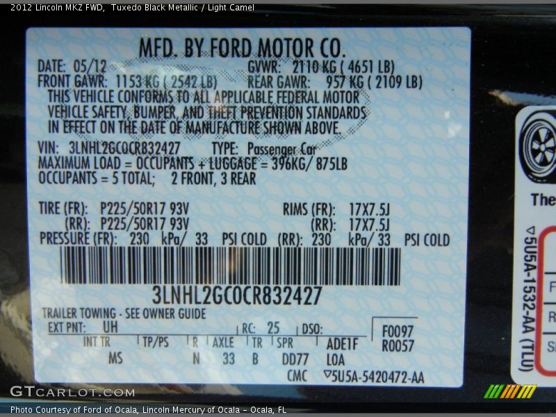 2012 MKZ FWD Tuxedo Black Metallic Color Code UH