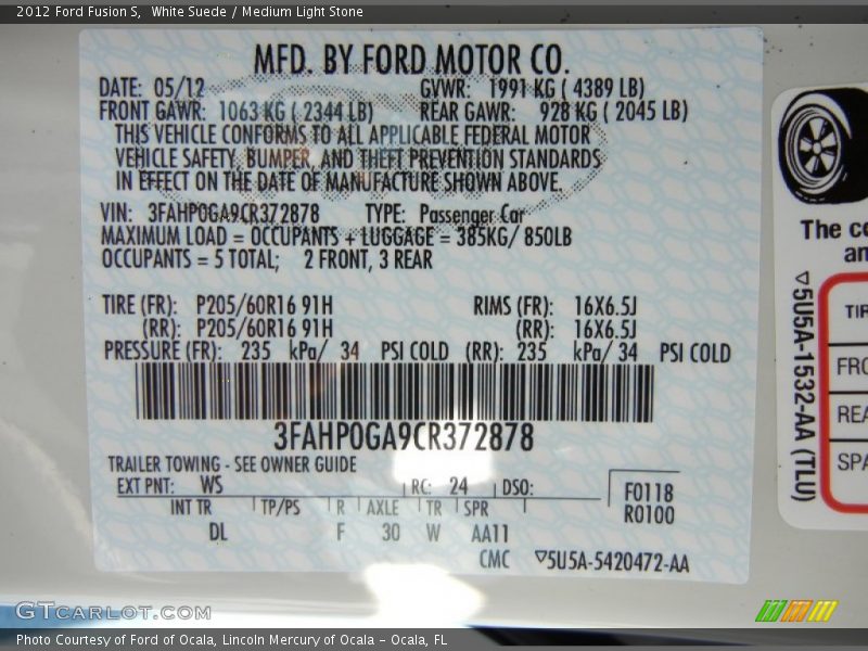 2012 Fusion S White Suede Color Code WS