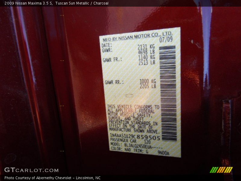 Tuscan Sun Metallic / Charcoal 2009 Nissan Maxima 3.5 S