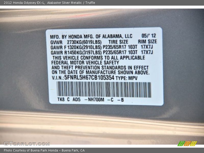 Alabaster Silver Metallic / Truffle 2012 Honda Odyssey EX-L