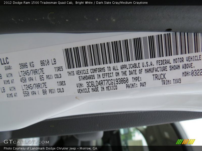 2012 Ram 1500 Tradesman Quad Cab Bright White Color Code PW7