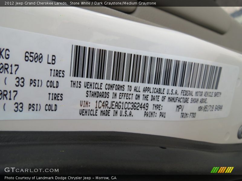 Stone White / Dark Graystone/Medium Graystone 2012 Jeep Grand Cherokee Laredo