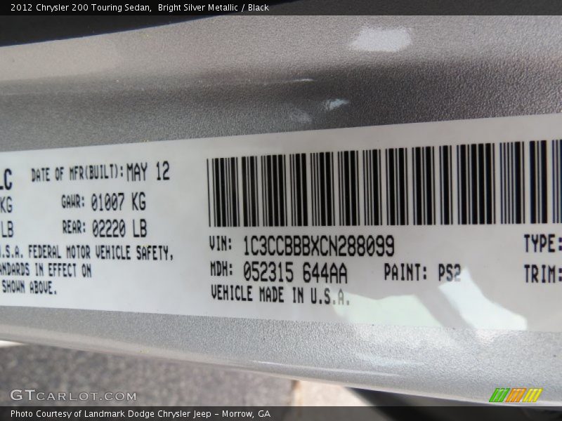 Bright Silver Metallic / Black 2012 Chrysler 200 Touring Sedan