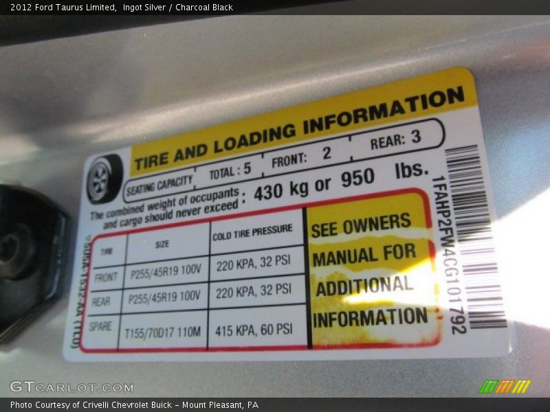 Ingot Silver / Charcoal Black 2012 Ford Taurus Limited