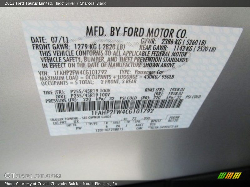 Ingot Silver / Charcoal Black 2012 Ford Taurus Limited