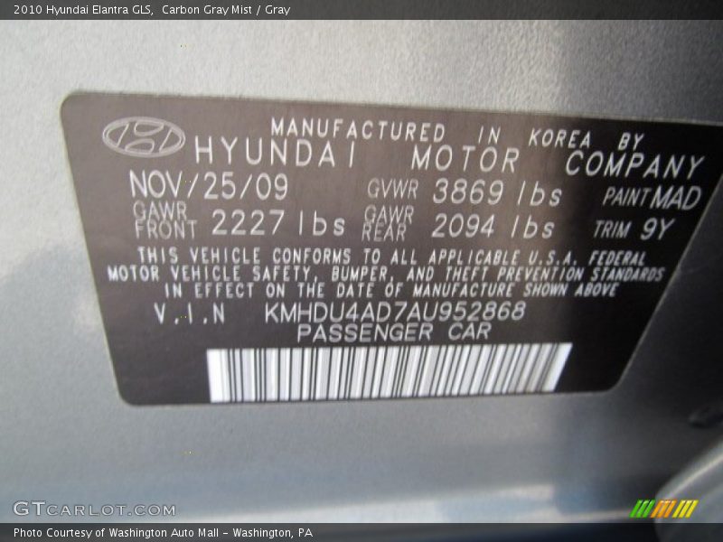Carbon Gray Mist / Gray 2010 Hyundai Elantra GLS