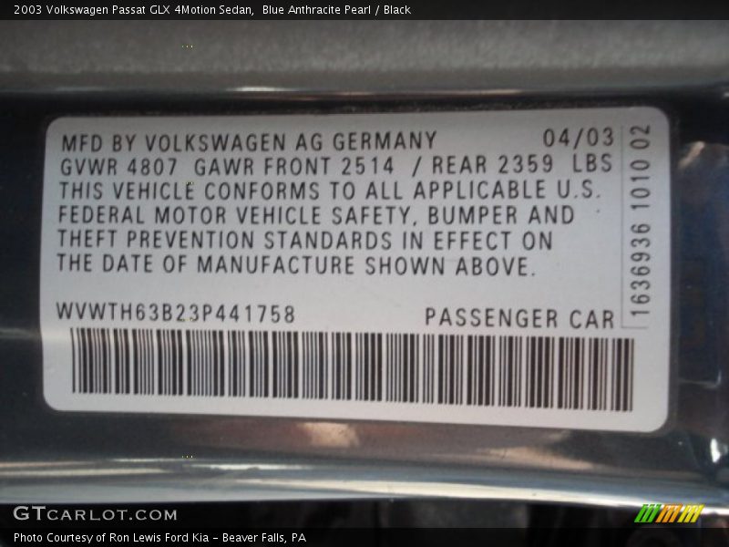 Blue Anthracite Pearl / Black 2003 Volkswagen Passat GLX 4Motion Sedan