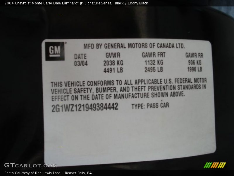 Info Tag of 2004 Monte Carlo Dale Earnhardt Jr. Signature Series