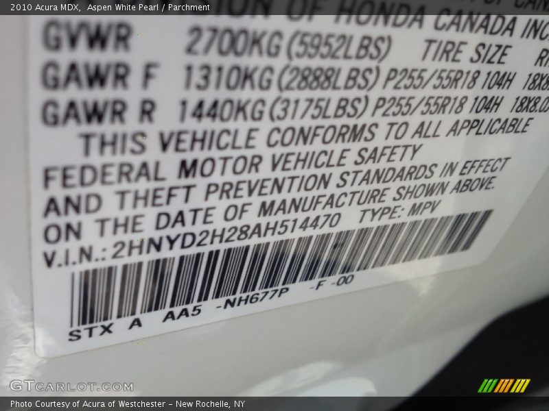 Aspen White Pearl / Parchment 2010 Acura MDX