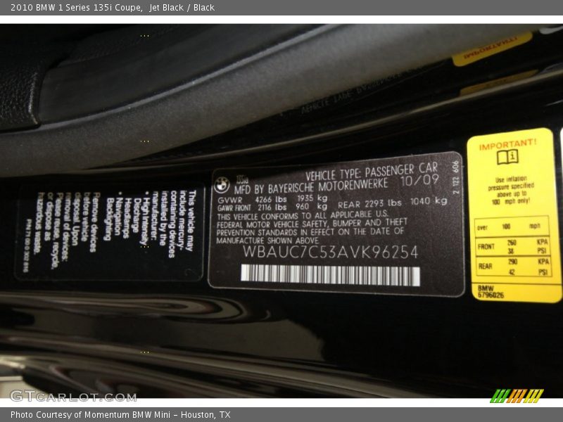 Jet Black / Black 2010 BMW 1 Series 135i Coupe