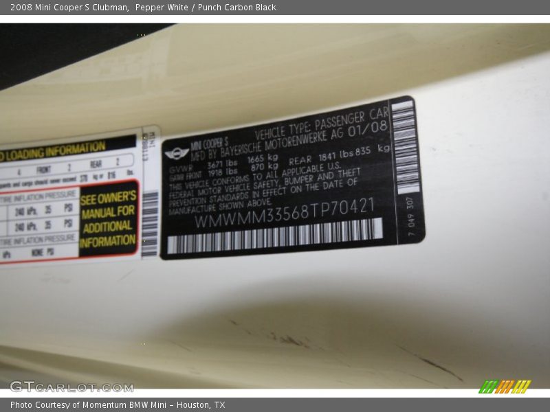 Pepper White / Punch Carbon Black 2008 Mini Cooper S Clubman