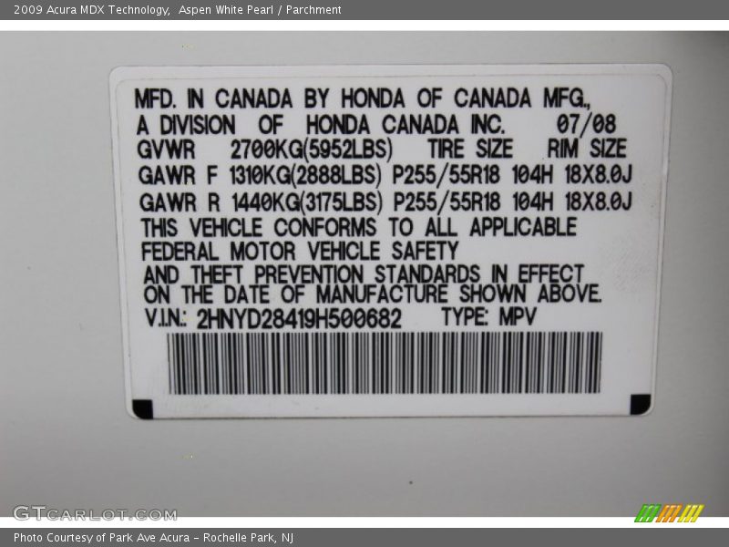 Aspen White Pearl / Parchment 2009 Acura MDX Technology