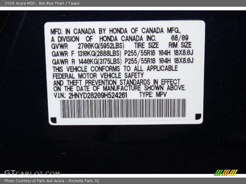Bali Blue Pearl / Taupe 2009 Acura MDX