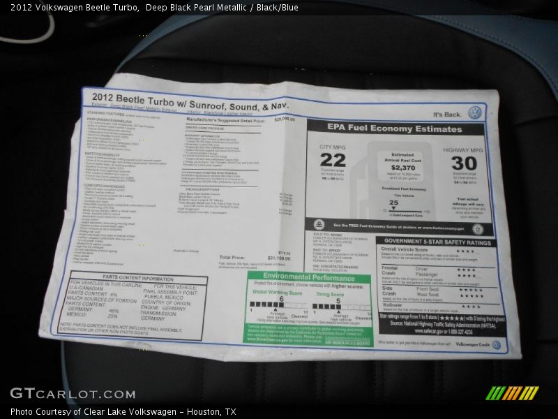Deep Black Pearl Metallic / Black/Blue 2012 Volkswagen Beetle Turbo
