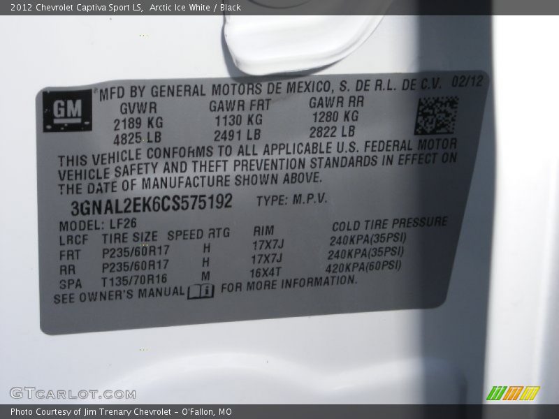 Info Tag of 2012 Captiva Sport LS